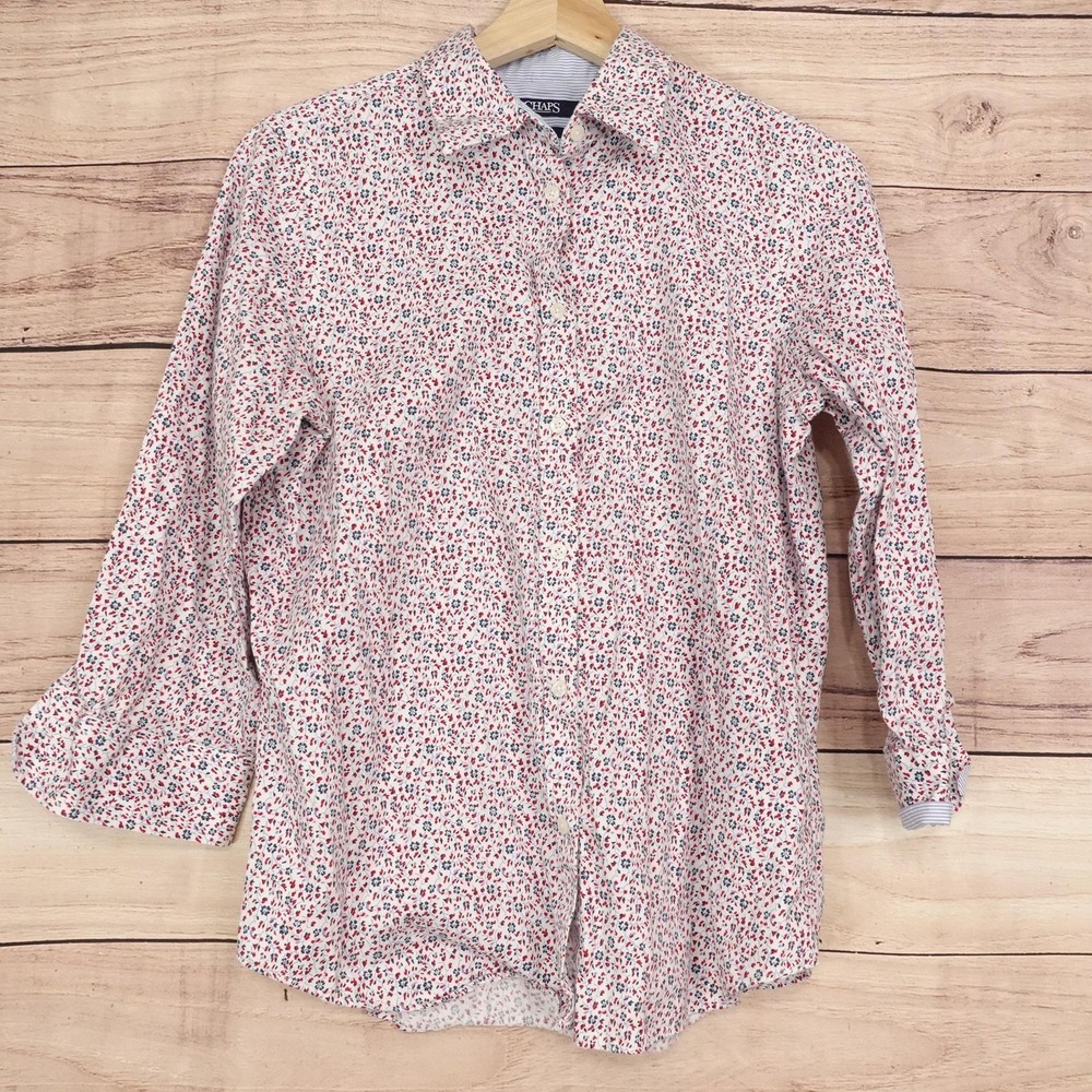 Chaps Button-Up Womens M White Floral Print Collared Long Sleeve Non Iron Top